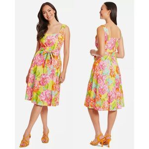 London Times carmella bright yellow multi floral waist tie linen blend dress 10